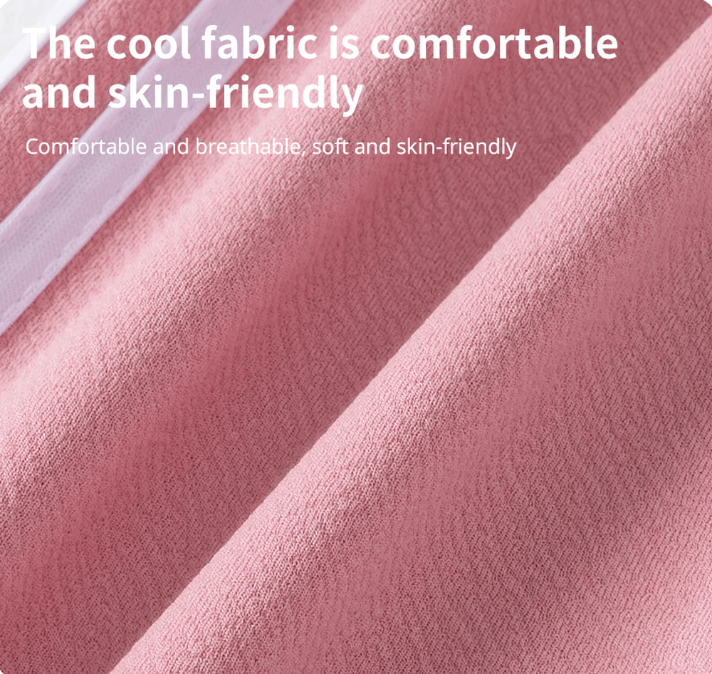 Close-up of pink fabric texture with text highlighting its cool, comfortable, and skin-friendly qualities.
