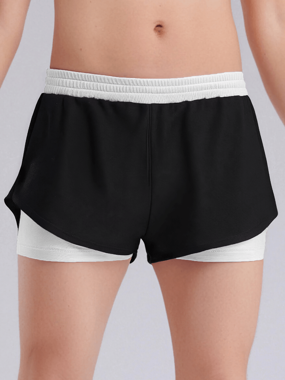 Kids Sports Yoga Shorts with Double-Layer Design - SF3783, black and white elastic waistband, perfect for yoga and fitness.
