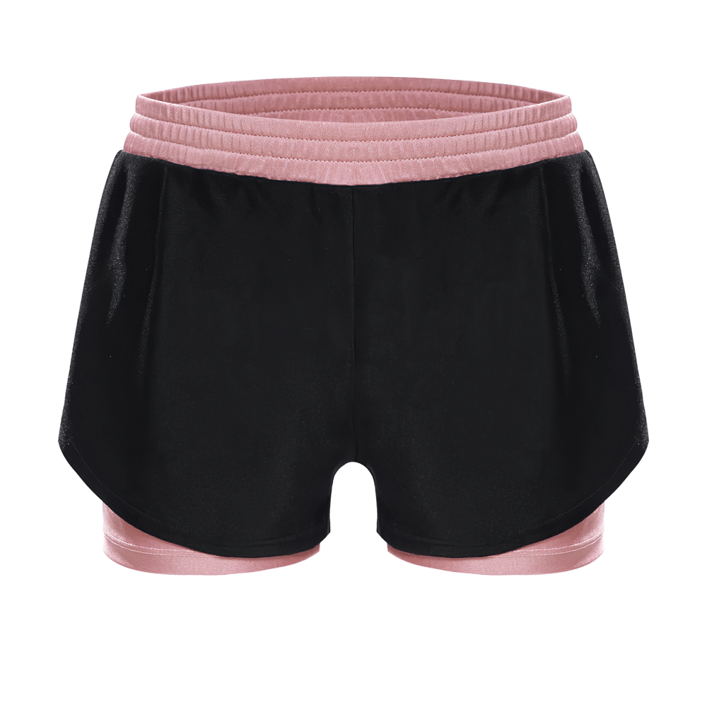 Kids Sports Yoga Shorts with Double-Layer Design - SF3783, girls black and pink stretchy fitness shorts with elastic waistband.