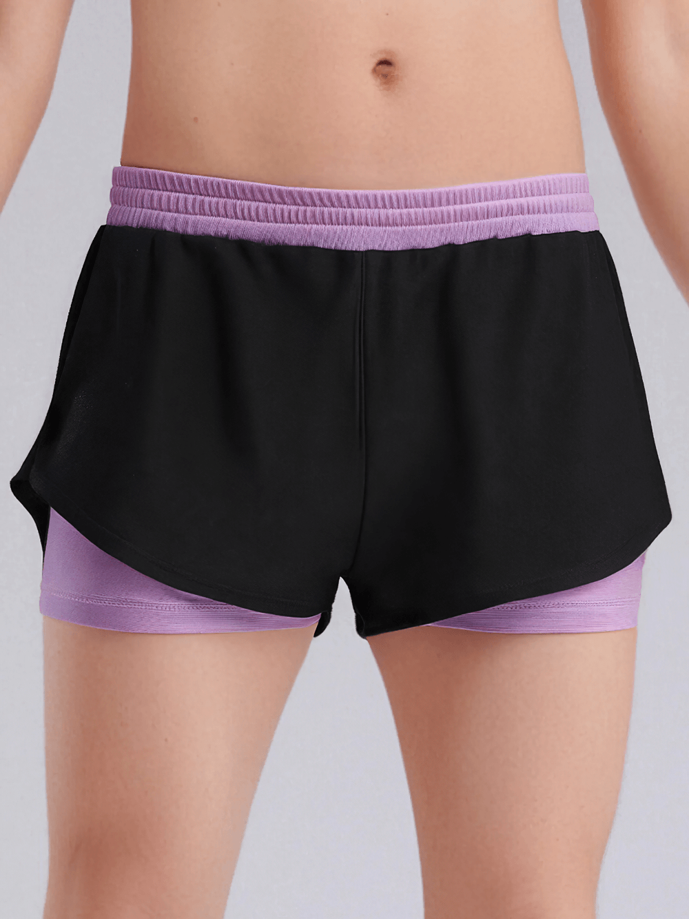 Kids Sports Yoga Shorts with Double-Layer Design - SF3783, stylish and breathable black and purple girls' shorts for yoga and fitness.