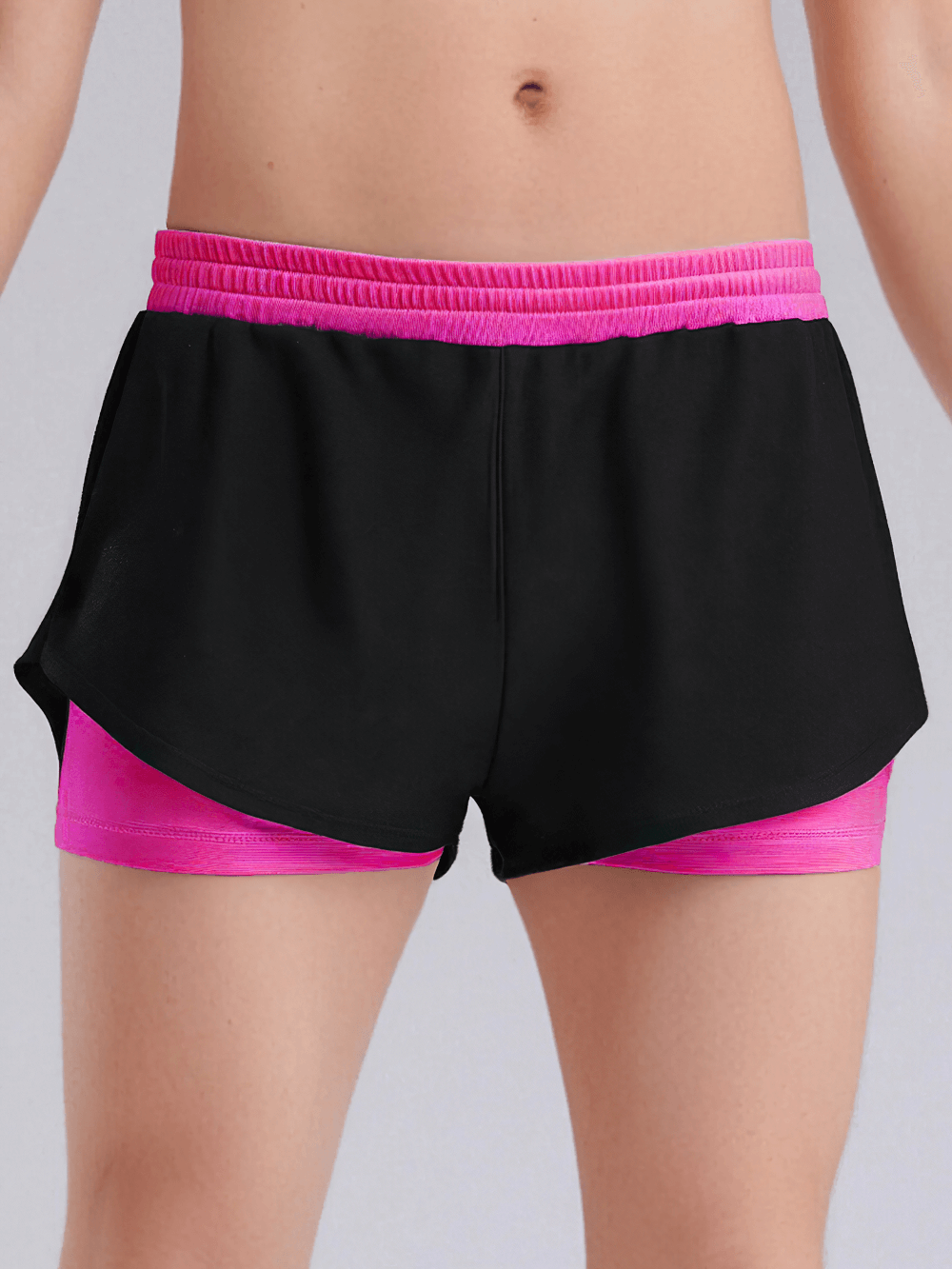 Kids Sports Yoga Shorts with Double-Layer Design - SF3783 in black and pink, showcasing breathable and fashionable girls' sportswear.