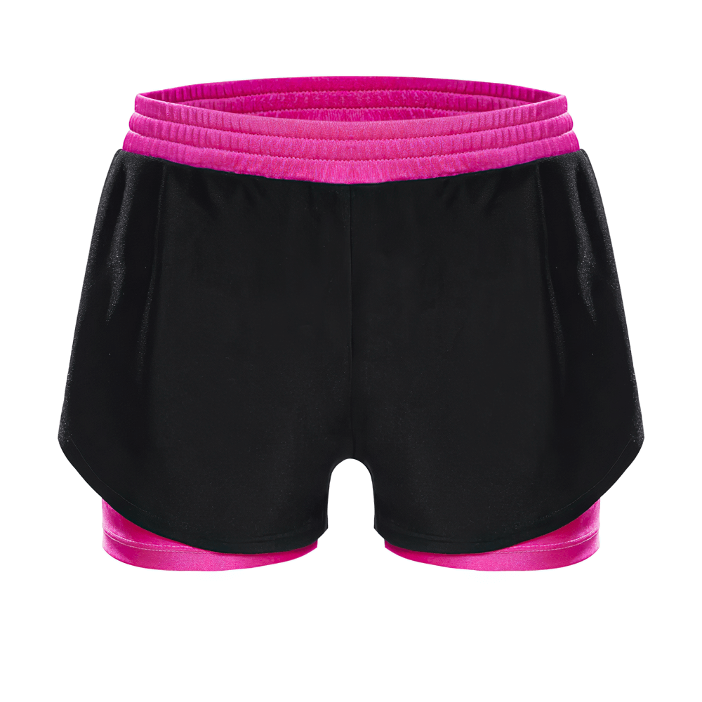 Kids Sports Yoga Shorts with Double-Layer Design - SF3783, vibrant black and pink shorts for girls' yoga and fitness.