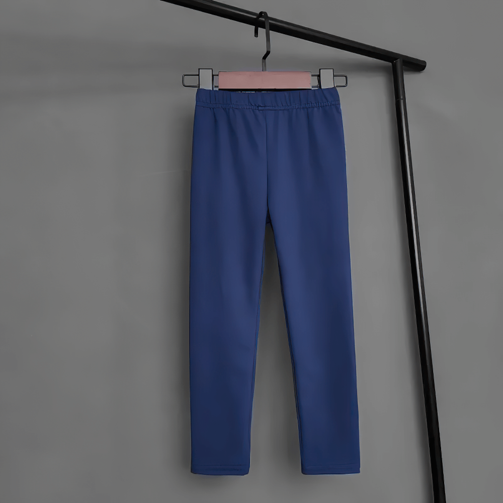 Kids Stretch Leggings in Bright Solid Colors - SF3678 displayed on a hanger, showing the vibrant blue tone and stretchy fabric.
