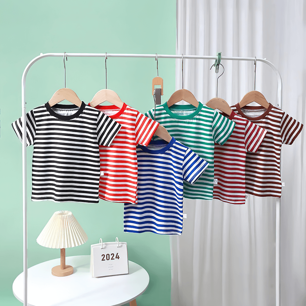 Colorful Kids Striped Short-Sleeved T-Shirt for Simple Look - SF3711, perfect for boys and girls in soft, breathable cotton fabric.