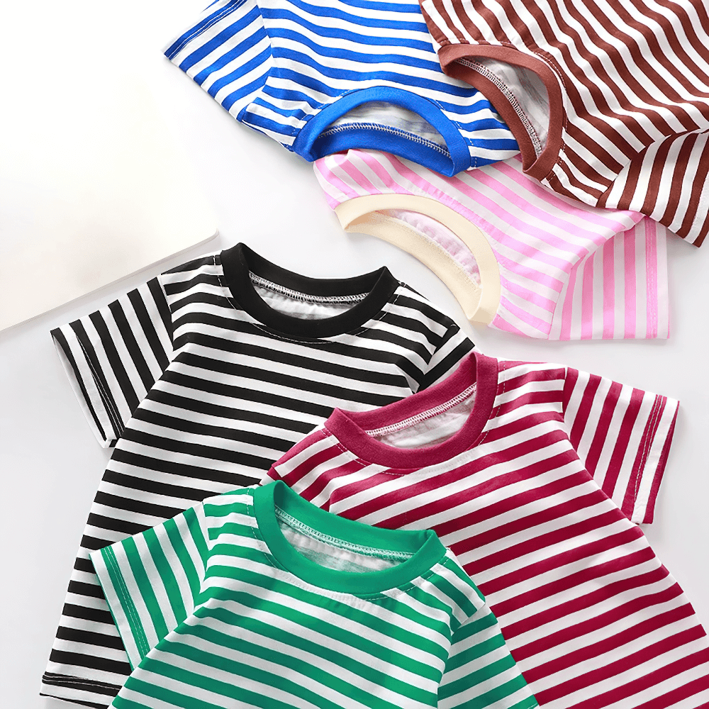 Colorful Kids Striped Short-Sleeved T-Shirt for Simple Look - SF3711, showcasing various stripe patterns and vibrant colors for versatile style.