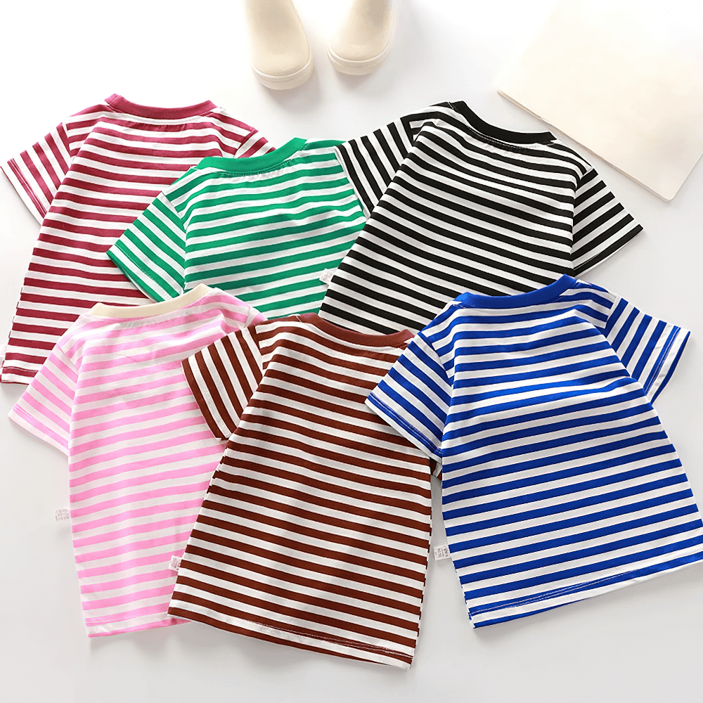 Colorful selection of Kids Striped Short-Sleeved T-Shirt for Simple Look - SF3711 showcasing various vibrant stripes.