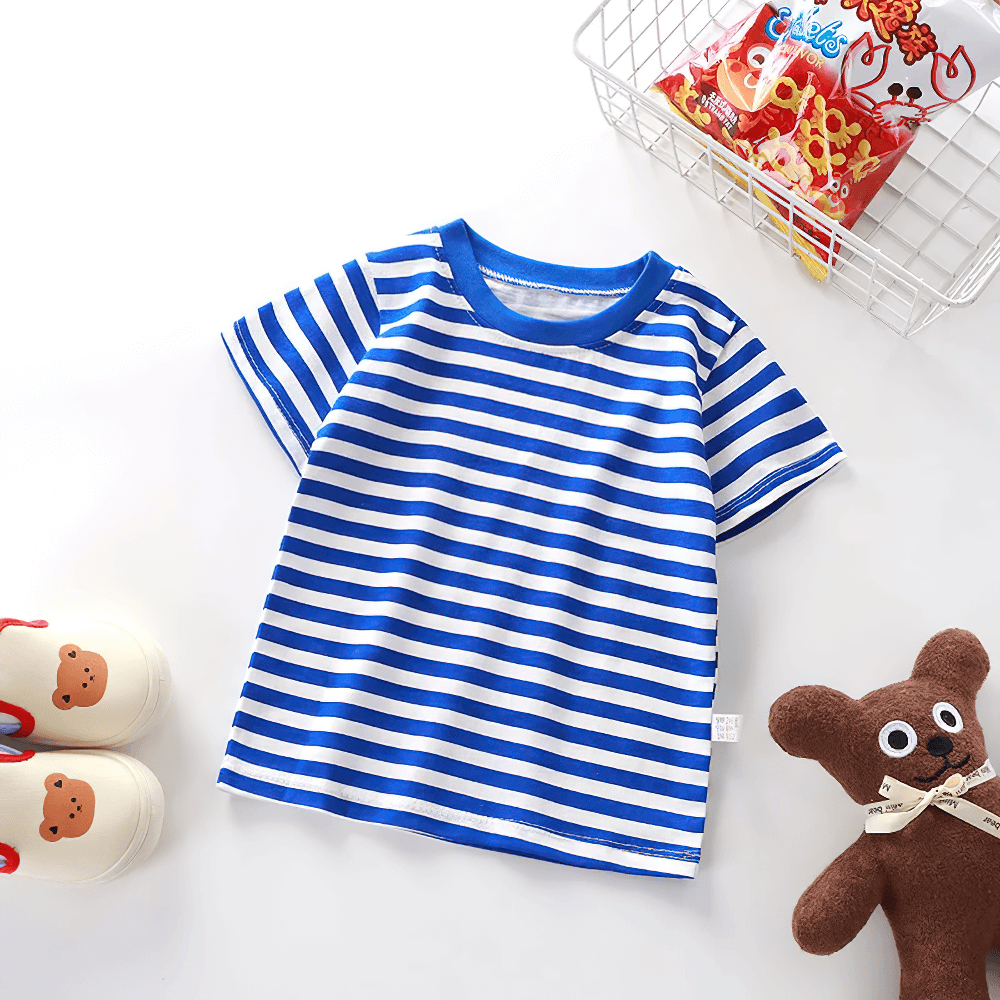 Kids Striped Short-Sleeved T-Shirt for Simple Look - SF3711 in blue and white with soft cotton fabric displayed with toys and snacks.