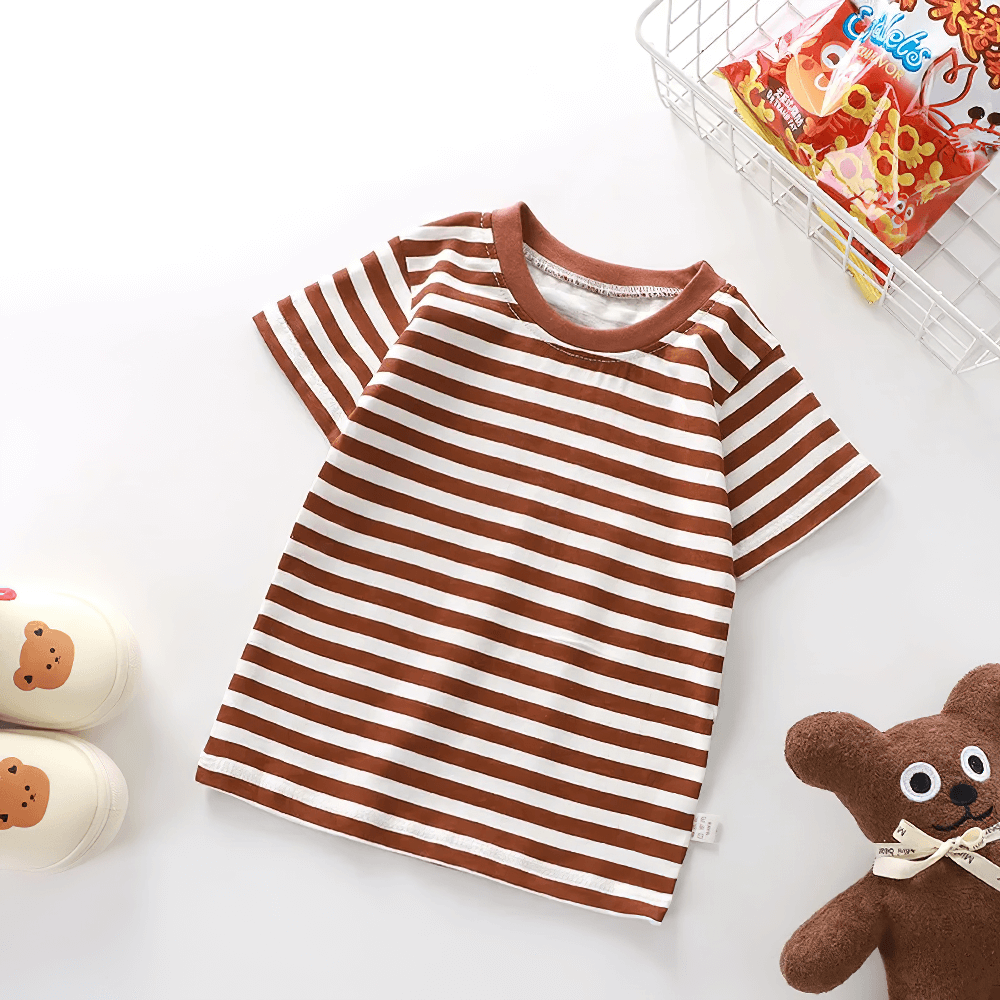 Kids Striped Short-Sleeved T-Shirt for Simple Look - SF3711 in soft cotton fabric with brown and white stripes for boys and girls.