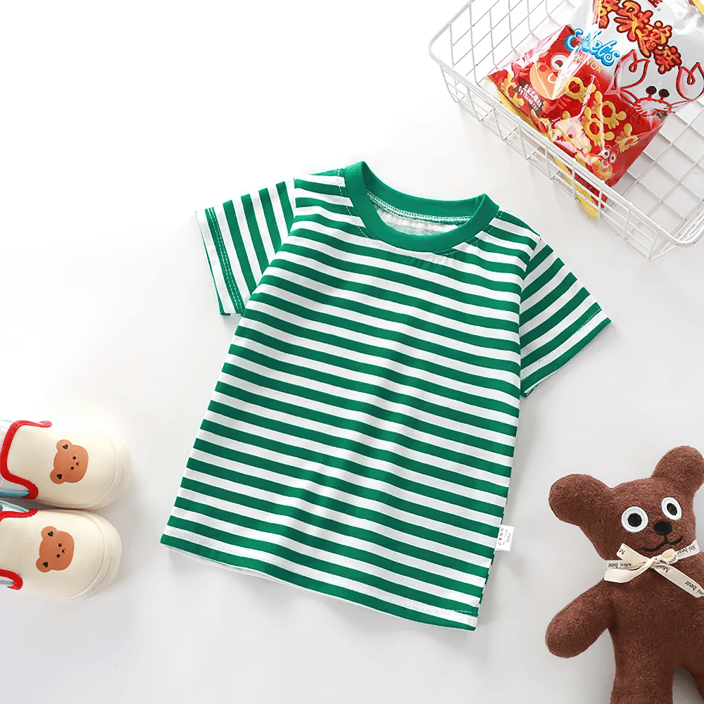 Kids Striped Short-Sleeved T-Shirt for Simple Look - SF3711 in green and white on display with toys, perfect for boys and girls.