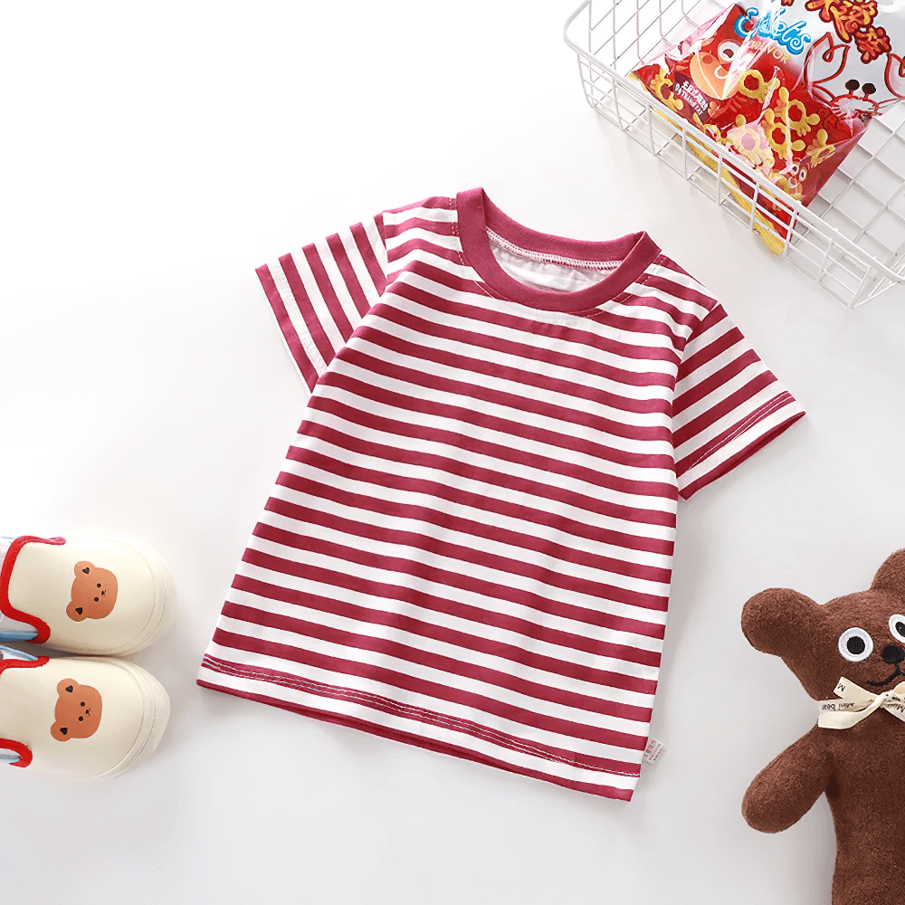 Kids Striped Short-Sleeved T-Shirt for Simple Look - SF3711 in red and white stripes with toys, ideal for indoor and outdoor activities.