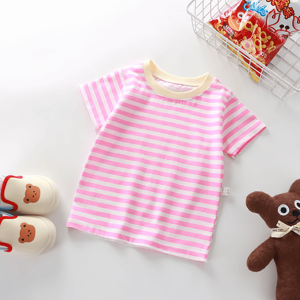 Kids Striped Short-Sleeved T-Shirt for Simple Look - SF3711, pink and white stripes with O-neck design, perfect for kids' casual wear.