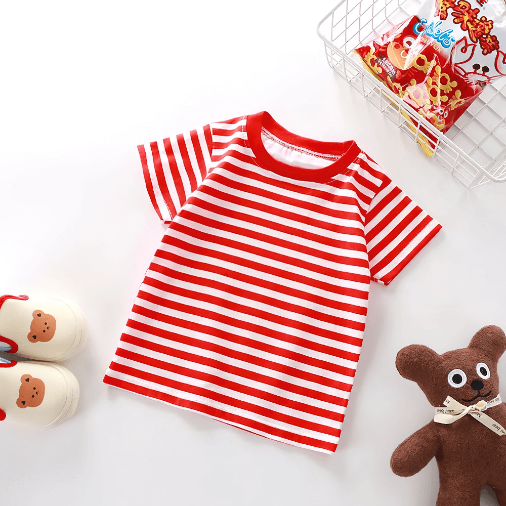 Kids Striped Short-Sleeved T-Shirt for Simple Look - SF3711 in red and white stripes with soft cotton fabric, perfect for everyday style.