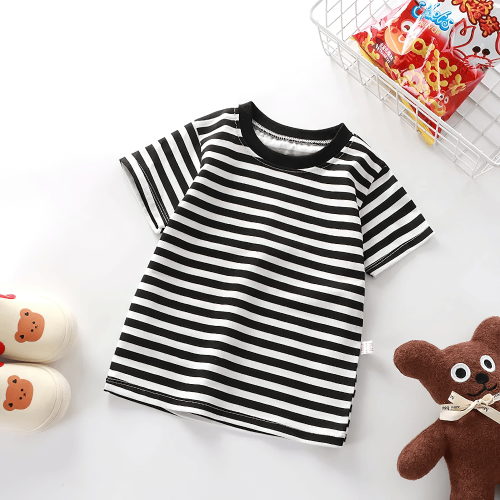 Kids Striped Short-Sleeved T-Shirt for Simple Look - SF3711 in black and white stripes, perfect for a soft comfortable everyday style.
