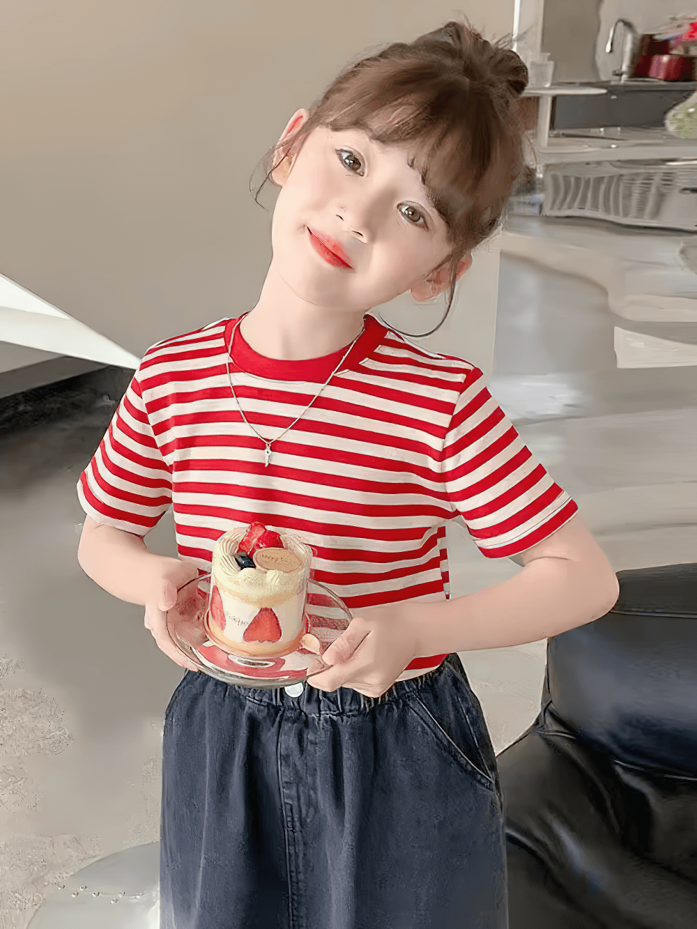 Kids Striped Short-Sleeved T-Shirt for Simple Look - SF3711 on a smiling child holding a dessert