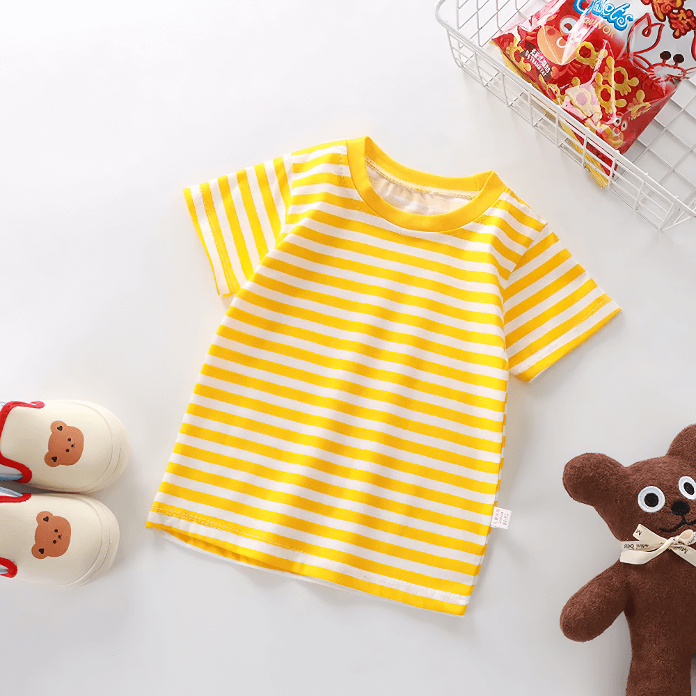Kids Striped Short-Sleeved T-Shirt for Simple Look - SF3711, yellow stripes, lying flat with toys, perfect for kids' casual wear