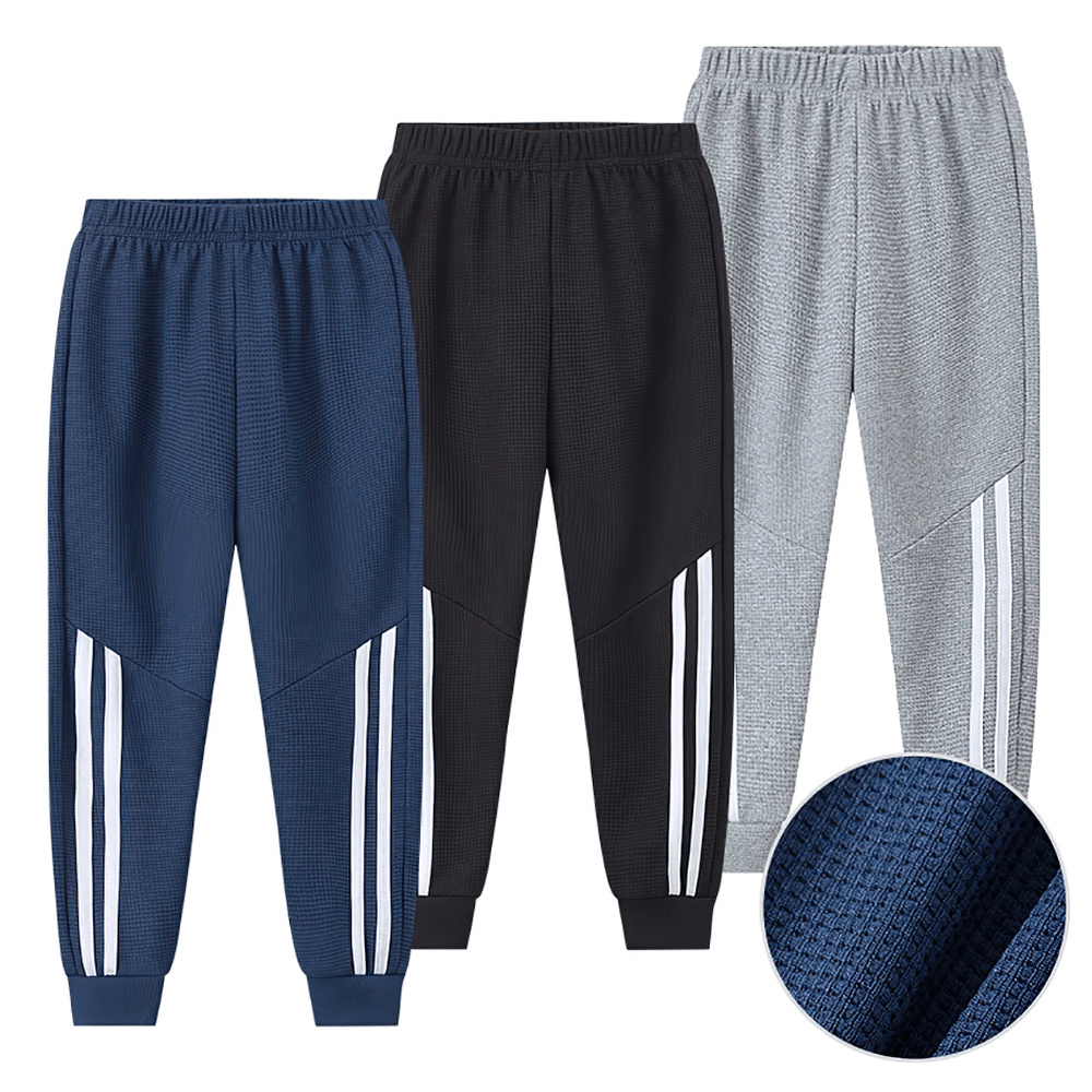 Kids Stylish Waffle Knit Sports Jogger Pants - SF3874 in navy, black, and grey with ribbed cuffs and side stripes for active play.