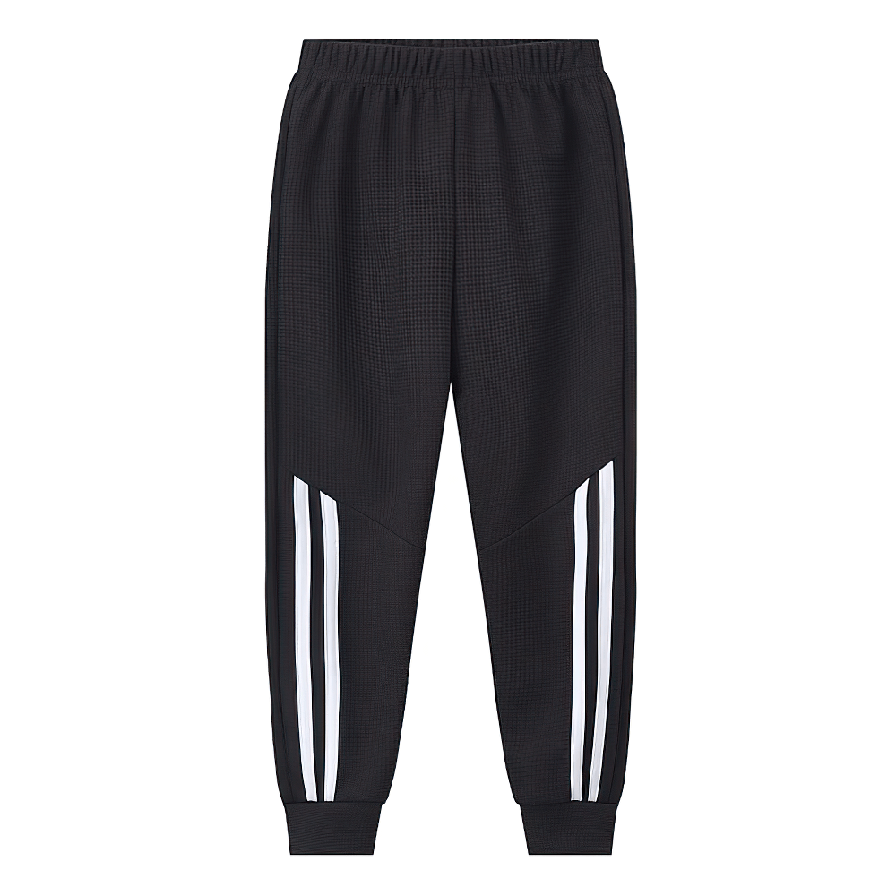 Front view of Kids Stylish Waffle Knit Sports Jogger Pants - SF3874 in black with side stripes.