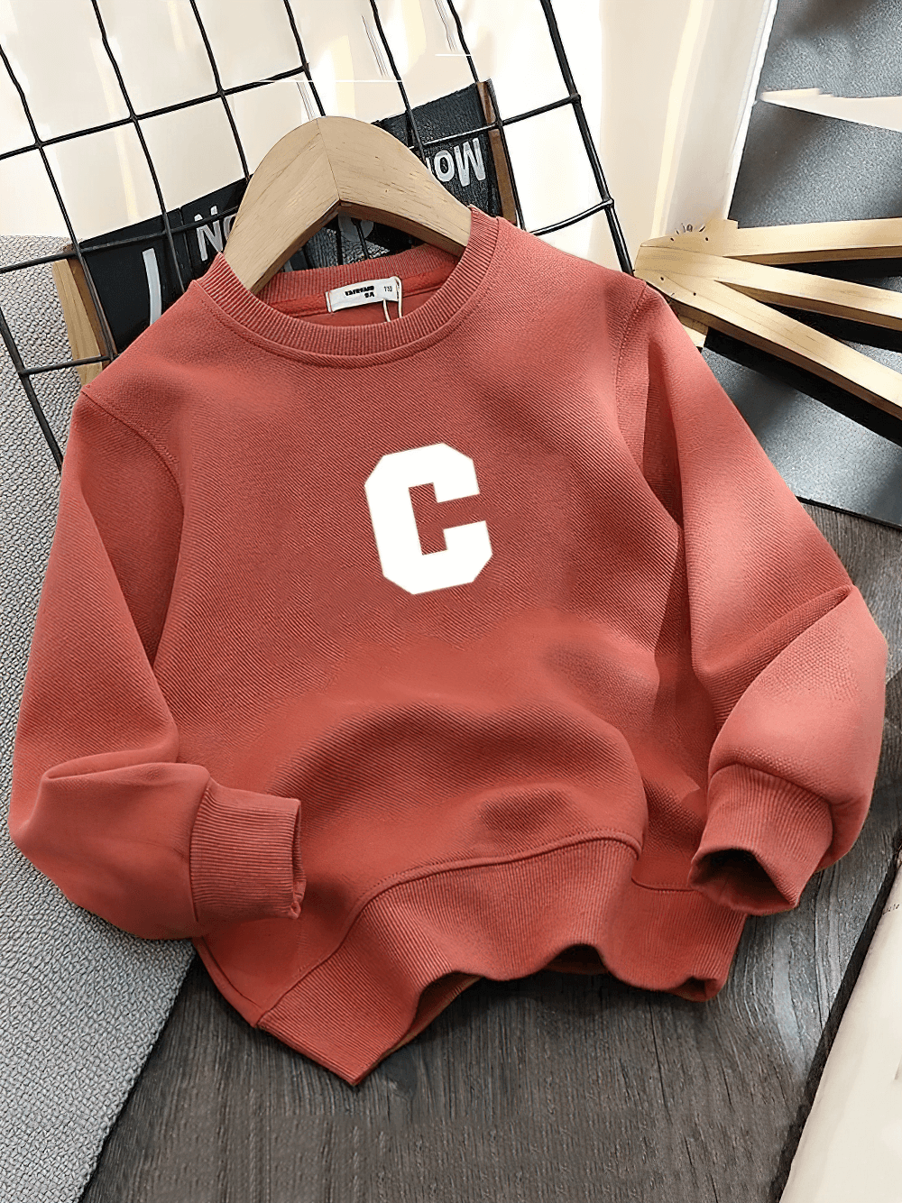 Kids Sweatshirt with Bold Letter C Design - SF3664 in a varsity style with round neckline, ribbed cuffs, and sporty chest logo.