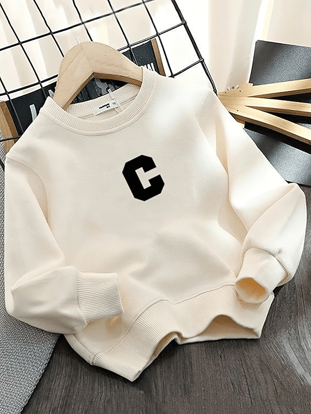 Kids Sweatshirt with Bold Letter C Design - SF3664 in cream with sporty 'C' logo, ribbed cuffs, and hem for kids' casual wear.