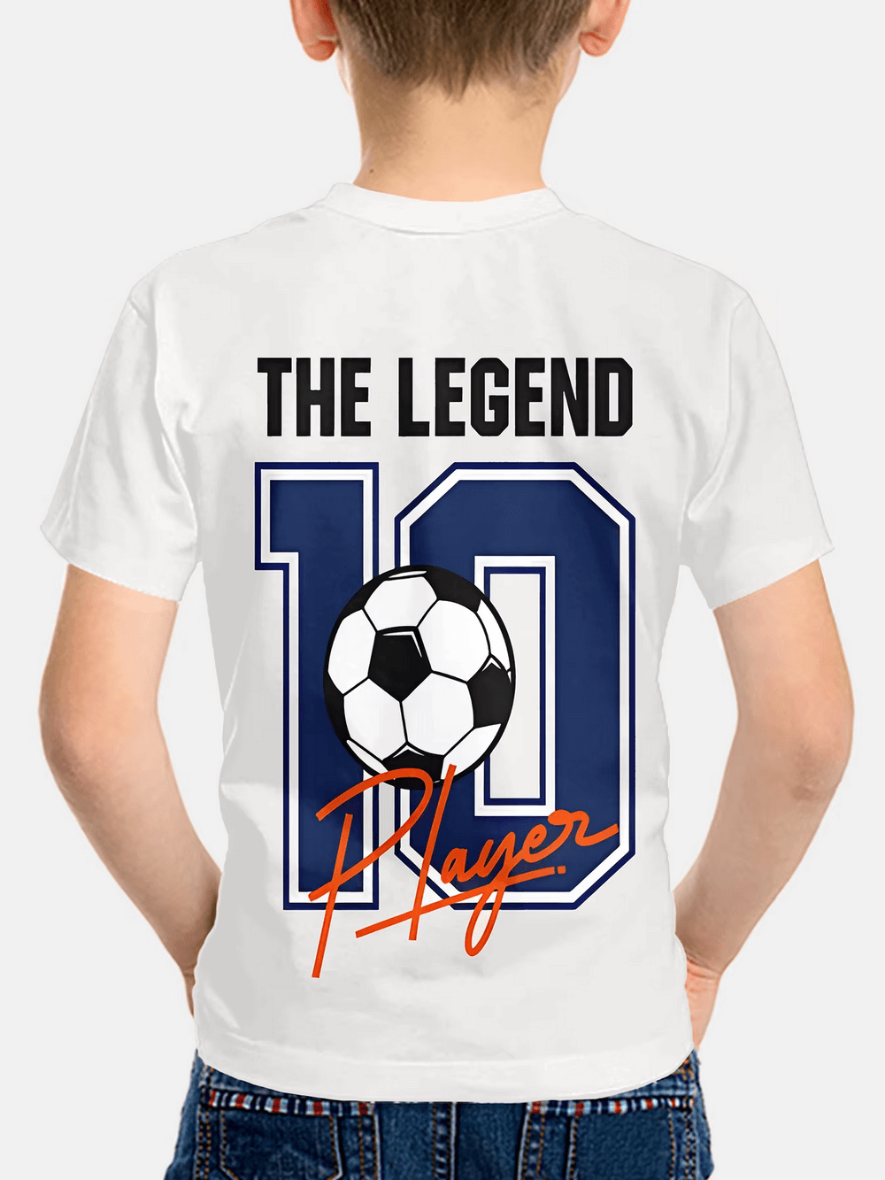 Back view of a young boy wearing a white Legend Player football T-shirt, featuring a sporty soccer ball and number 10 design ideal for kids.