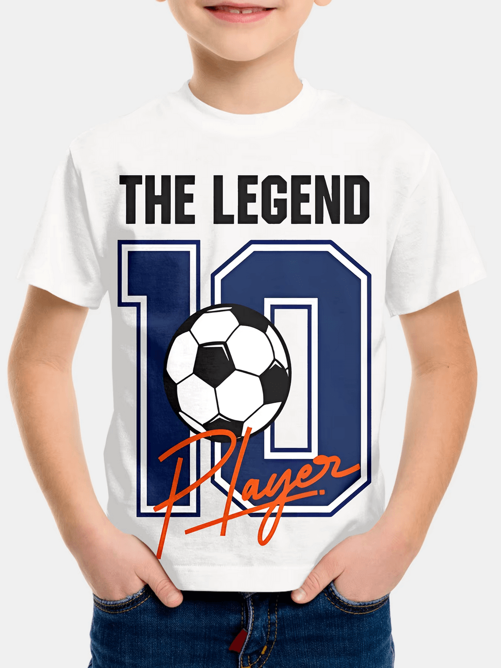 Boy wearing Kids T-Shirt with 'Legend Player' football print, perfect for young soccer fans. SF3131 - Boys' short-sleeved tee.