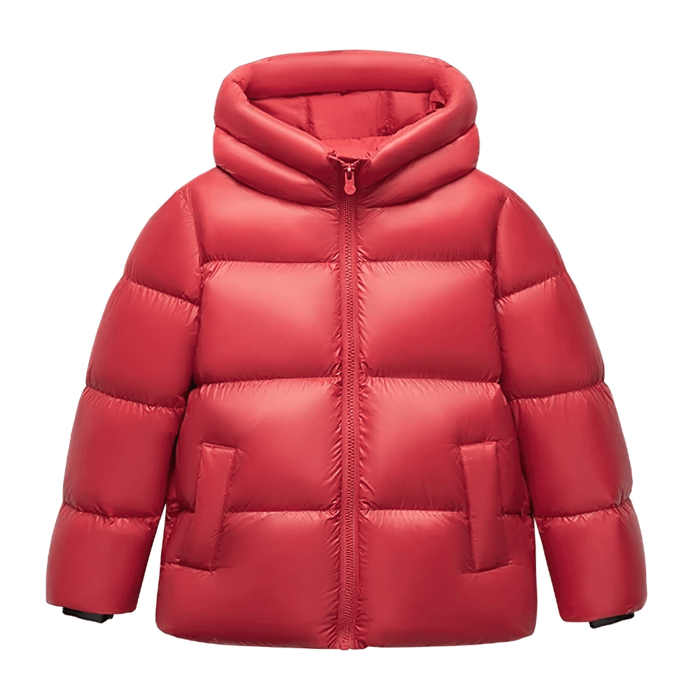 Bright red Kids Thermal Down Puffer Jacket with Hood - SF3695, insulated and perfect for boys and girls in cold weather.