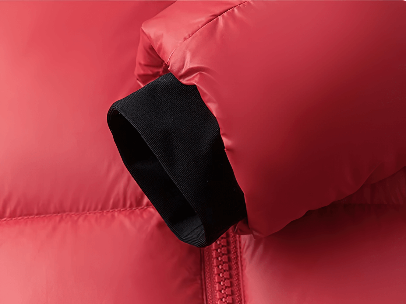 Close-up of sleeve on Kids Thermal Down Puffer Jacket with Hood - SF3695, showing durable fabric and insulation for warmth.