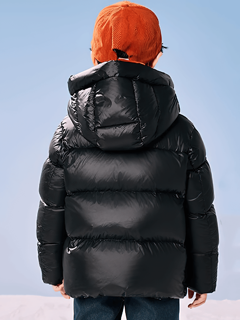 Back view of Kids Thermal Down Puffer Jacket with Hood - SF3695, featuring insulated design and cozy hood for cold weather protection.
