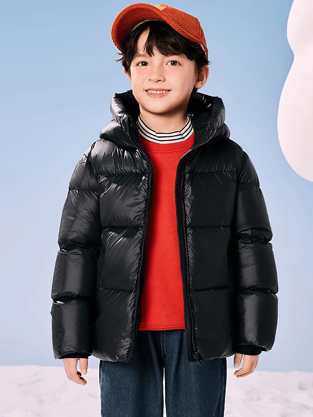 Child wearing Kids Thermal Down Puffer Jacket with Hood - SF3695, insulated for cold weather, red shirt underneath, smiling outdoors.