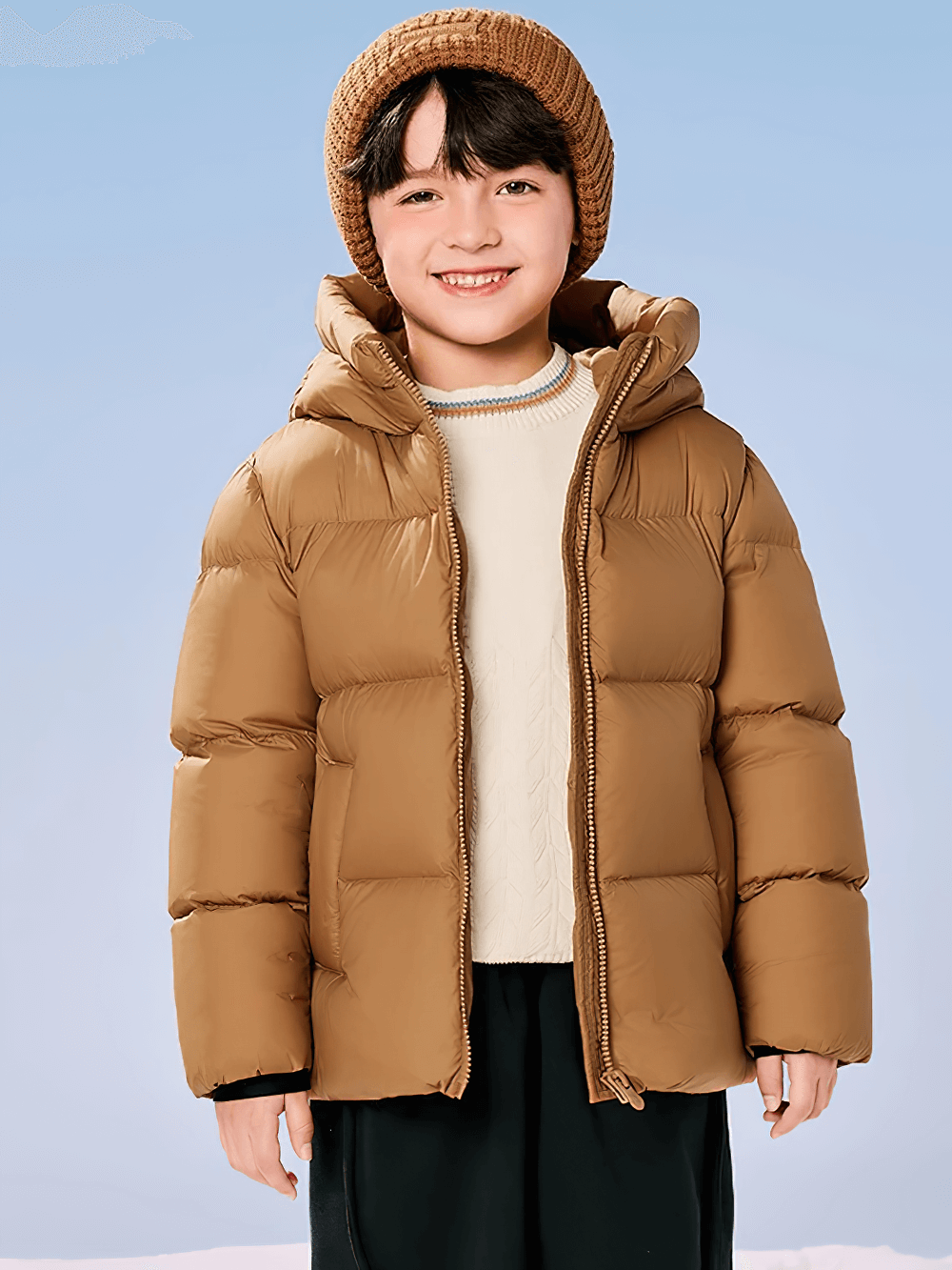 Child wearing Kids Thermal Down Puffer Jacket with Hood - SF3695, perfect for cold weather and active play.