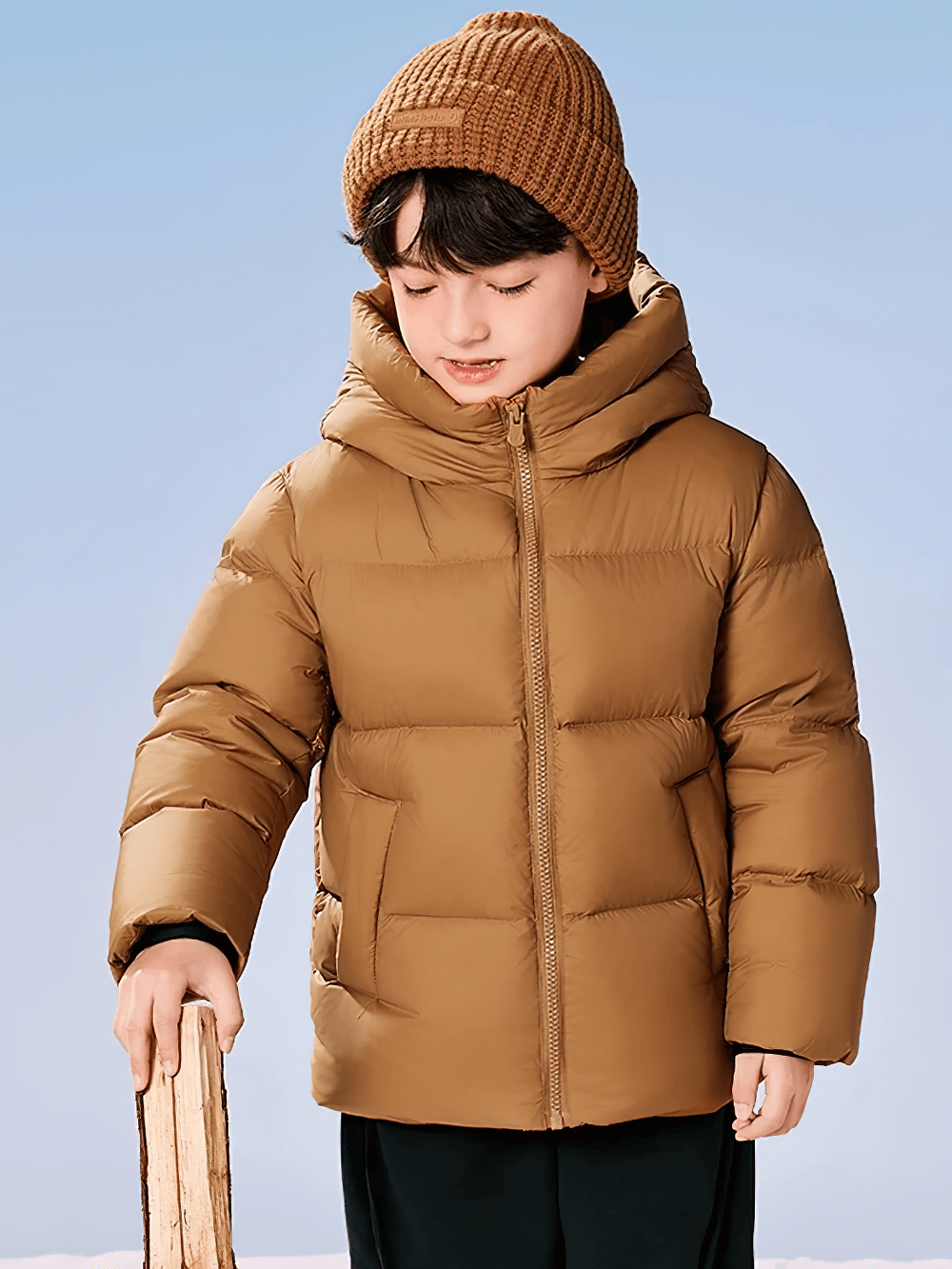 Child wearing Kids Thermal Down Puffer Jacket with Hood - SF3695, showcasing its warm insulation and cozy hood for winter weather.