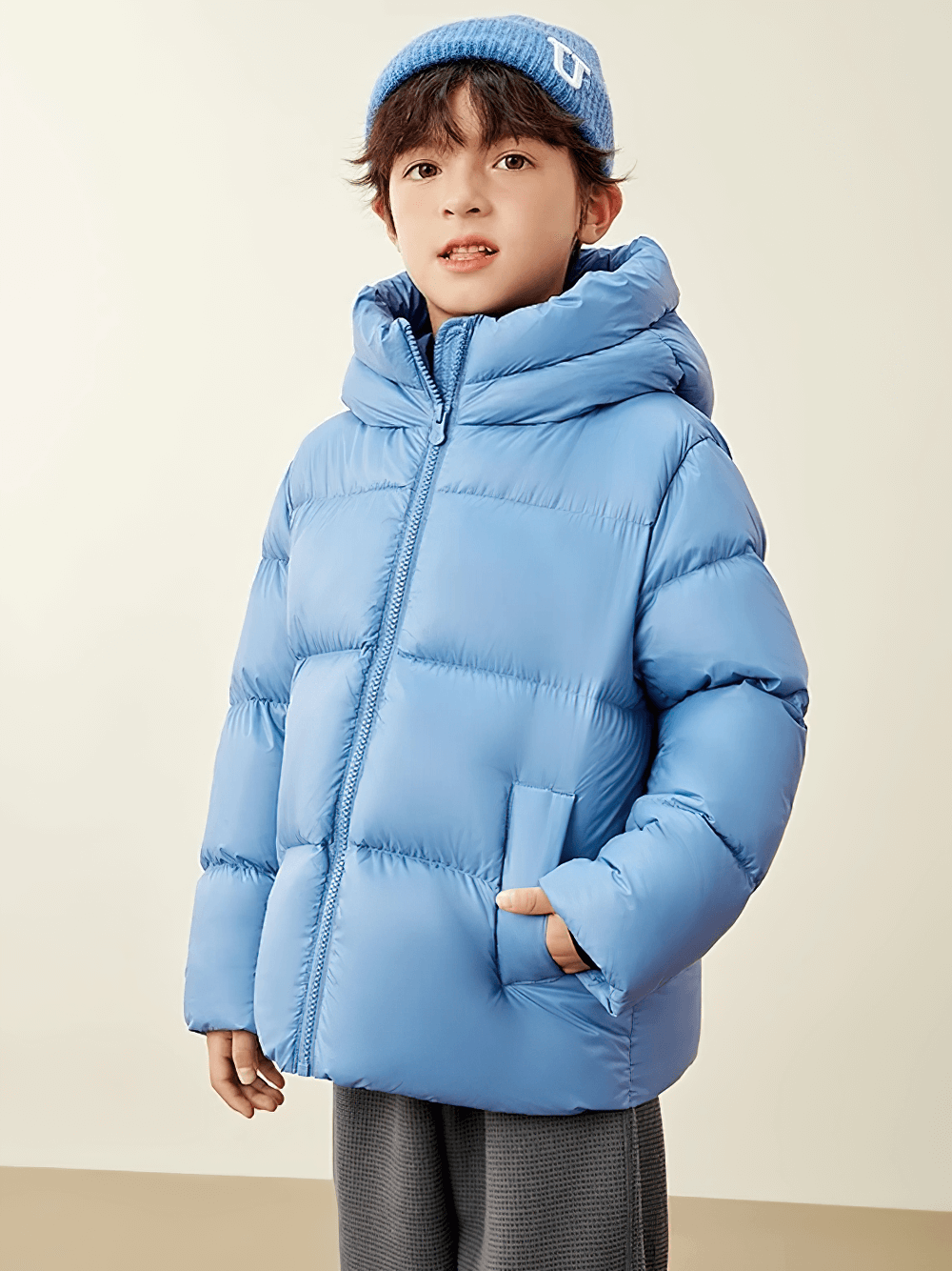 Child wearing blue Kids Thermal Down Puffer Jacket with Hood - SF3695 for warmth and protection in cold weather