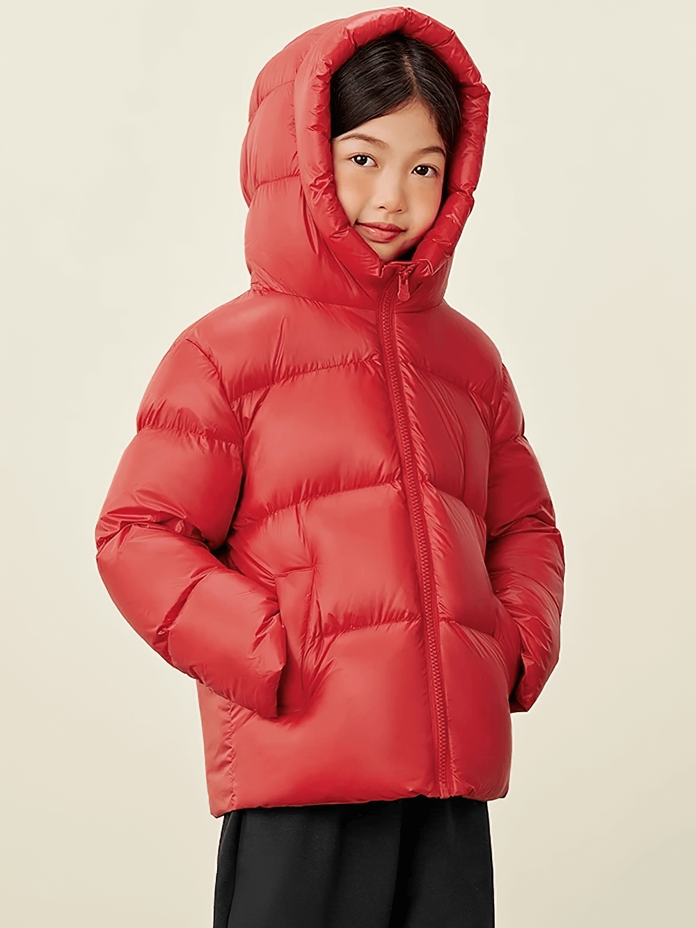 Child wearing the Kids Thermal Down Puffer Jacket with Hood - SF3695 in red, featuring a cozy hood, perfect for cold weather insulation.