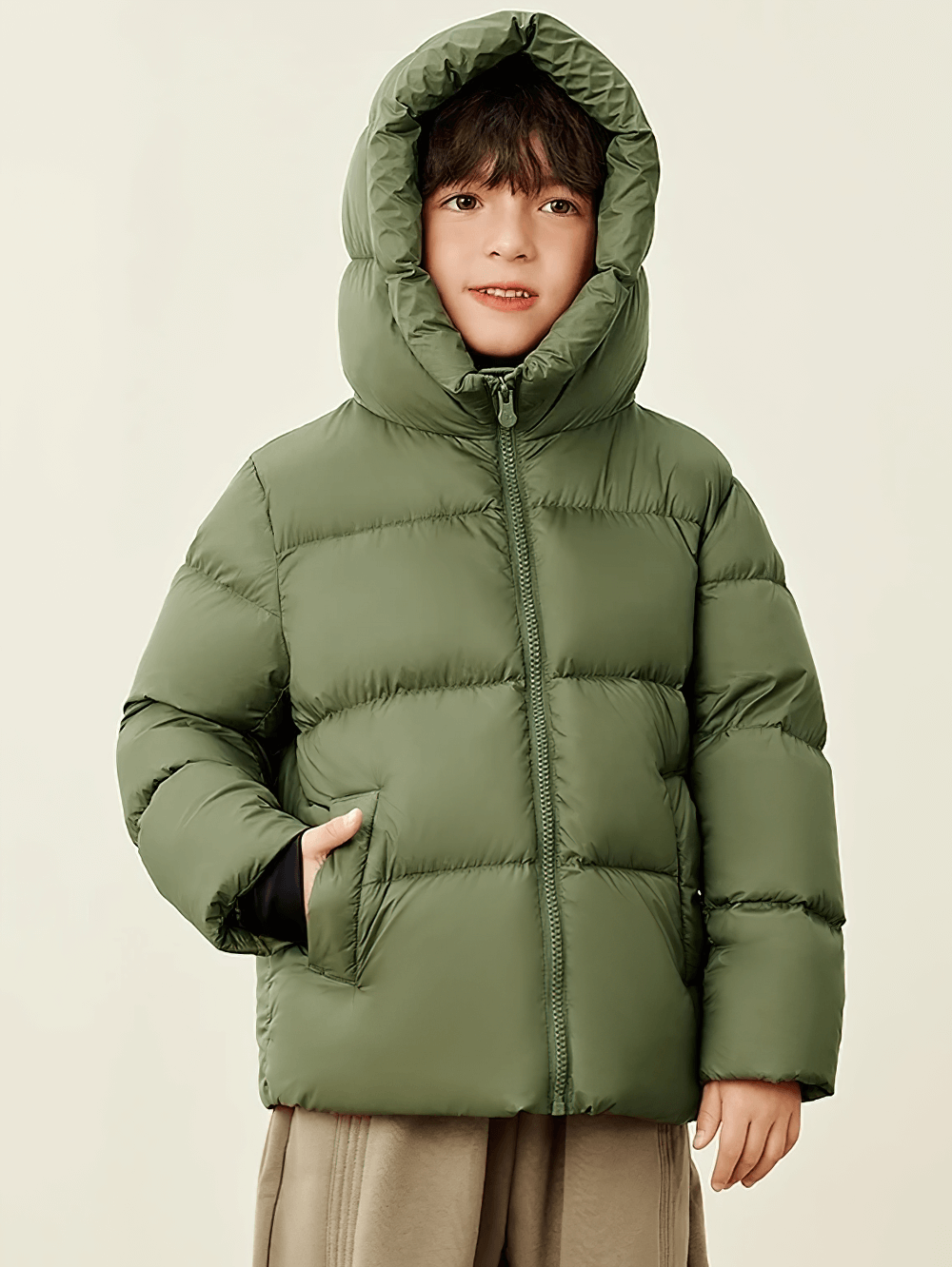 Child wearing Kids Thermal Down Puffer Jacket with Hood - SF3695 in green, perfect for winter warmth and style.