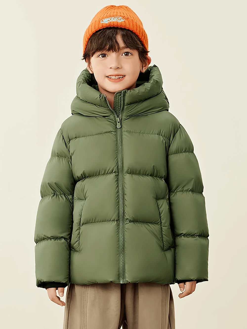Child wearing Kids Thermal Down Puffer Jacket with Hood - SF3695 in green, perfect for cold weather with cozy hood and practical pockets.