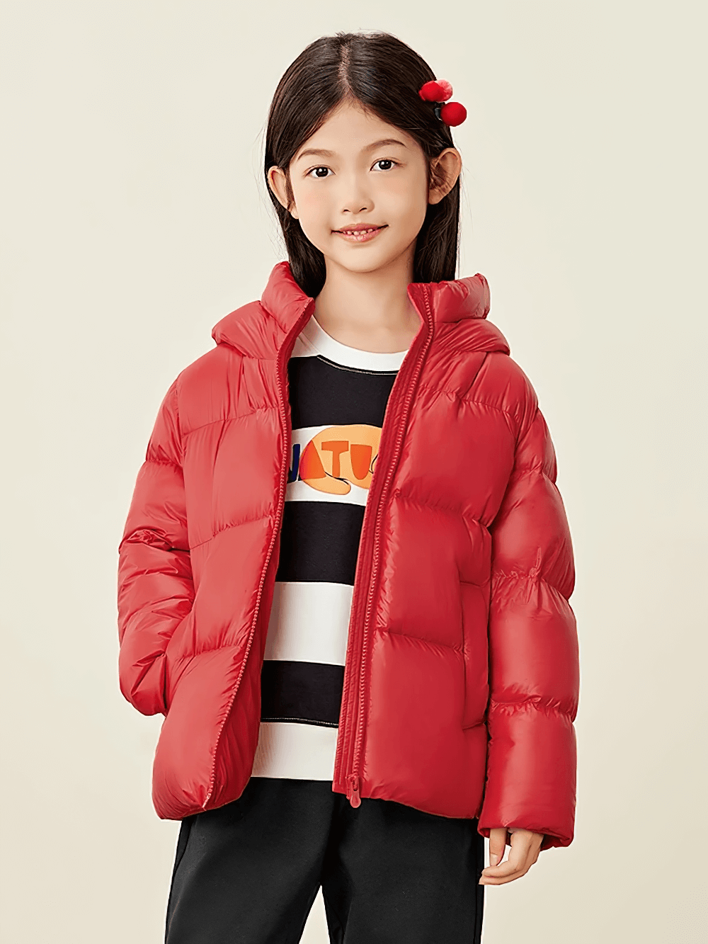 Young girl wearing a Kids Thermal Down Puffer Jacket with Hood - SF3695 in red, perfect for cold weather protection and style.