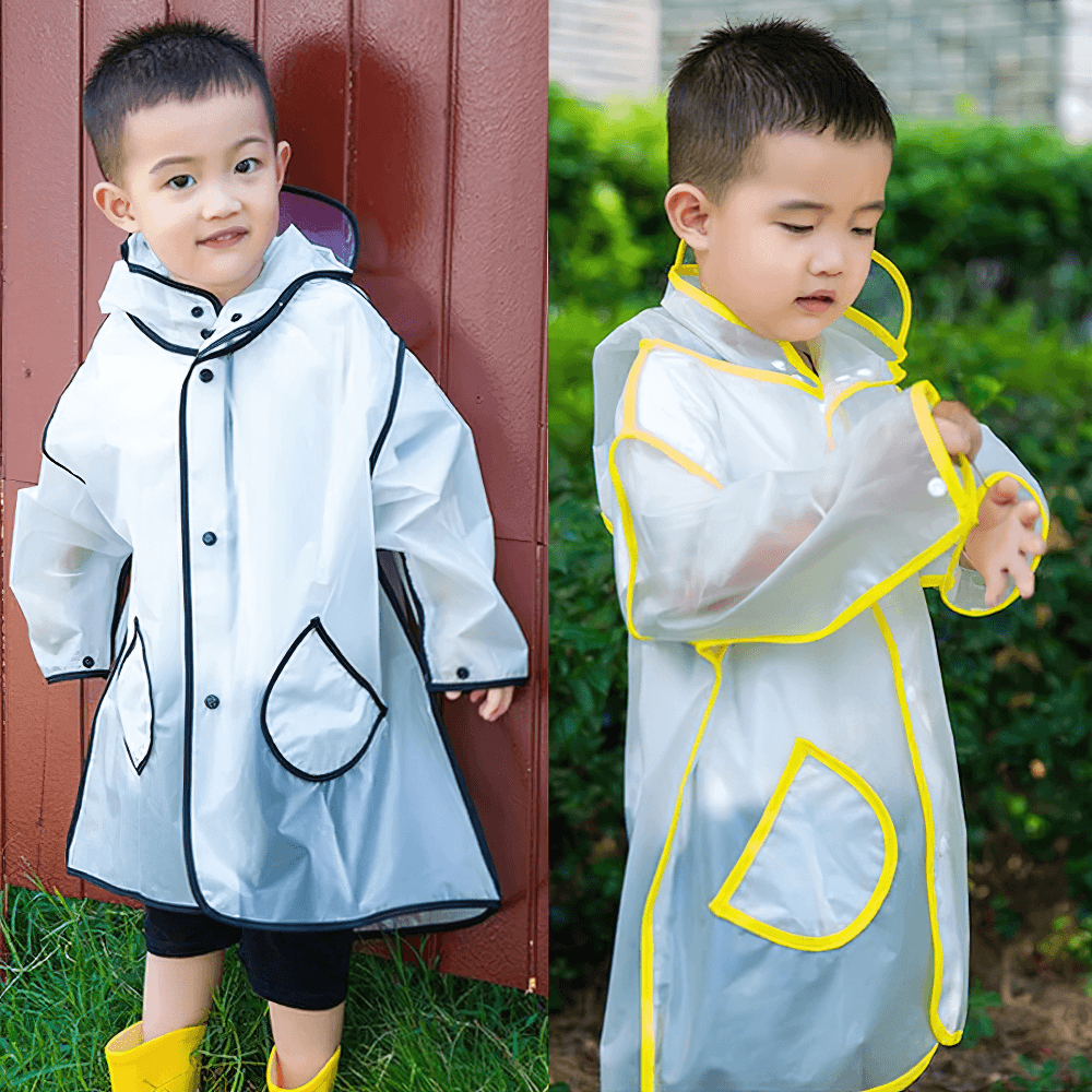 Happy kids in transparent raincoats with striped sleeves enjoy rainy day fun. Product: Kids Transparent Long Hooded Raincoat - SF3671.