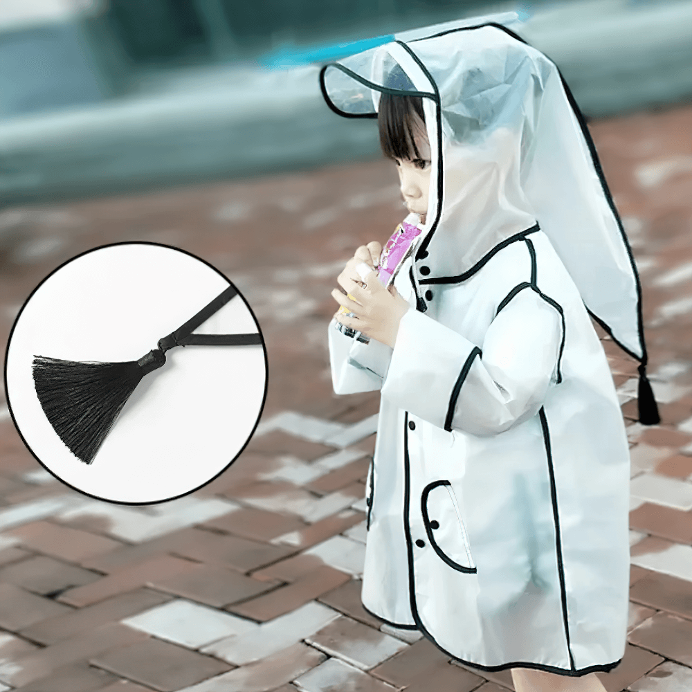 Child wearing Kids Transparent Long Hooded Raincoat - SF3671 with striped sleeves and cozy hood, showing playful style in rainy weather.