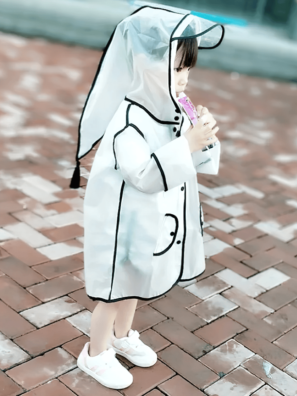 Child wearing Kids Transparent Long Hooded Raincoat - SF3671 with playful long hood and black trim, enjoying rainy day fun.