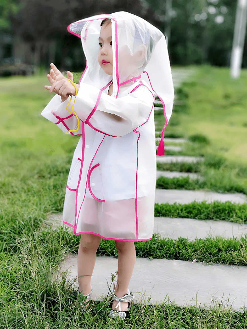 Kids Transparent Long Hooded Raincoat - SF3671 with striped sleeves and cozy hood, perfect for playful rainy days.