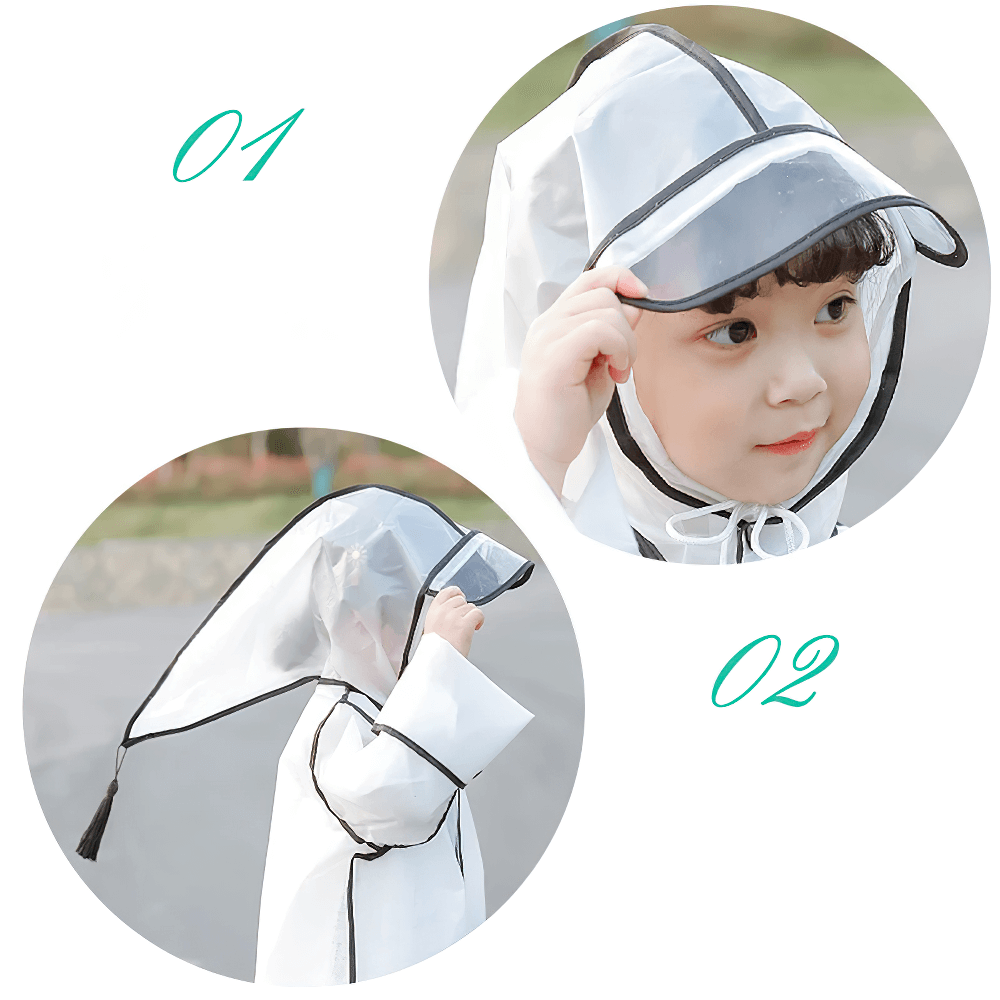 Child wearing Kids Transparent Long Hooded Raincoat - SF3671 with striped sleeves and extended visor hood in outdoor setting.