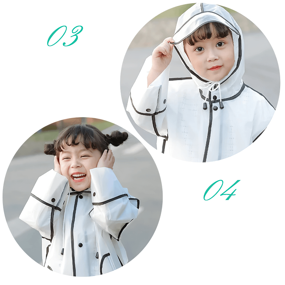 Kids Transparent Long Hooded Raincoat - SF3671 with playful black trim and hood, perfect for rainy days.