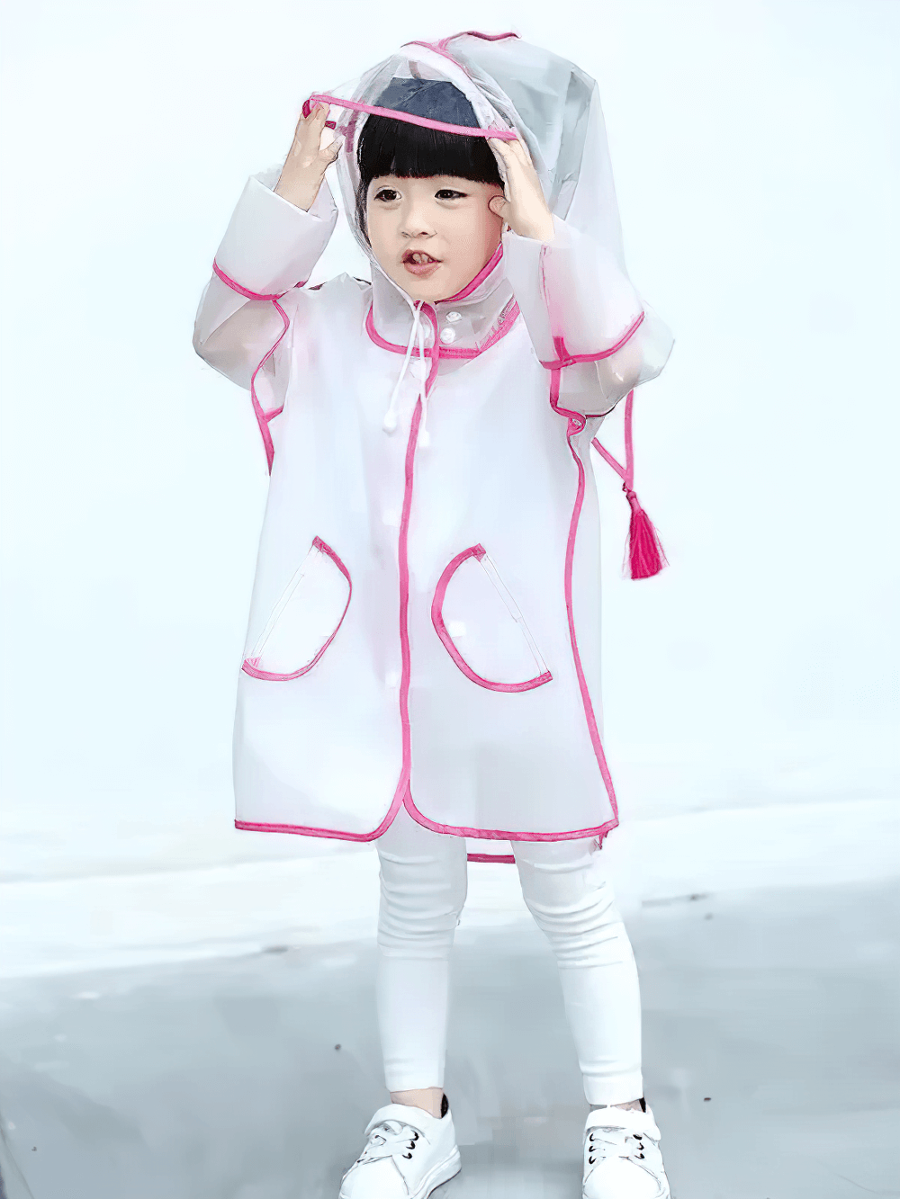 Child wearing Kids Transparent Long Hooded Raincoat - SF3671 with pink trim and playful hood, perfect for rainy days.