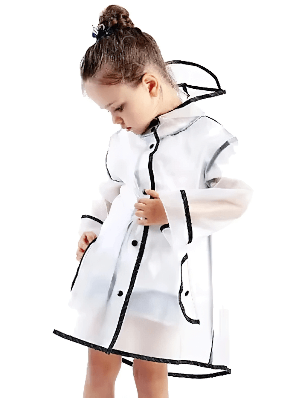 Child wearing Kids Transparent Long Hooded Raincoat - SF3671 with striped sleeves and cozy hood, playful design ideal for rainy days.