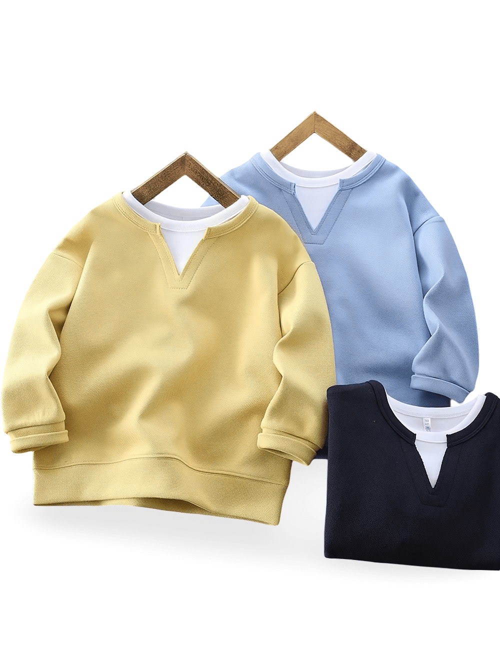 Kids V-Neck Layered Look Pullover Sweatshirt - SF3649 in yellow, blue, and black options for boys and girls, perfect for school and play.
