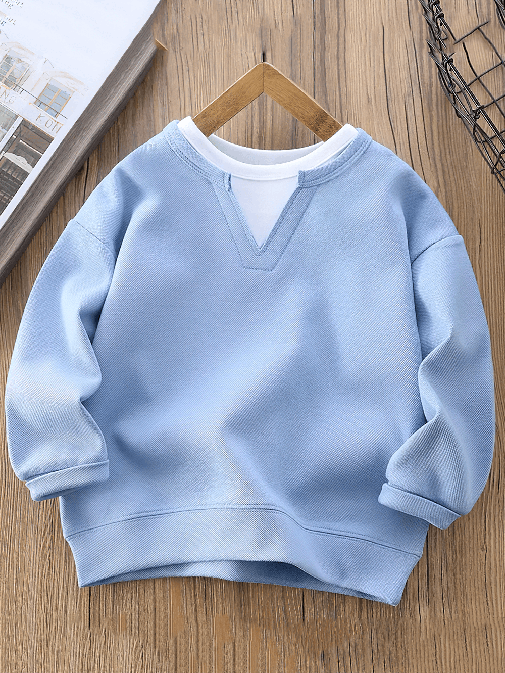 Kids V-Neck Layered Look Pullover Sweatshirt - SF3649 in soft blue with long sleeves and mock inner layer, perfect for casual wear.