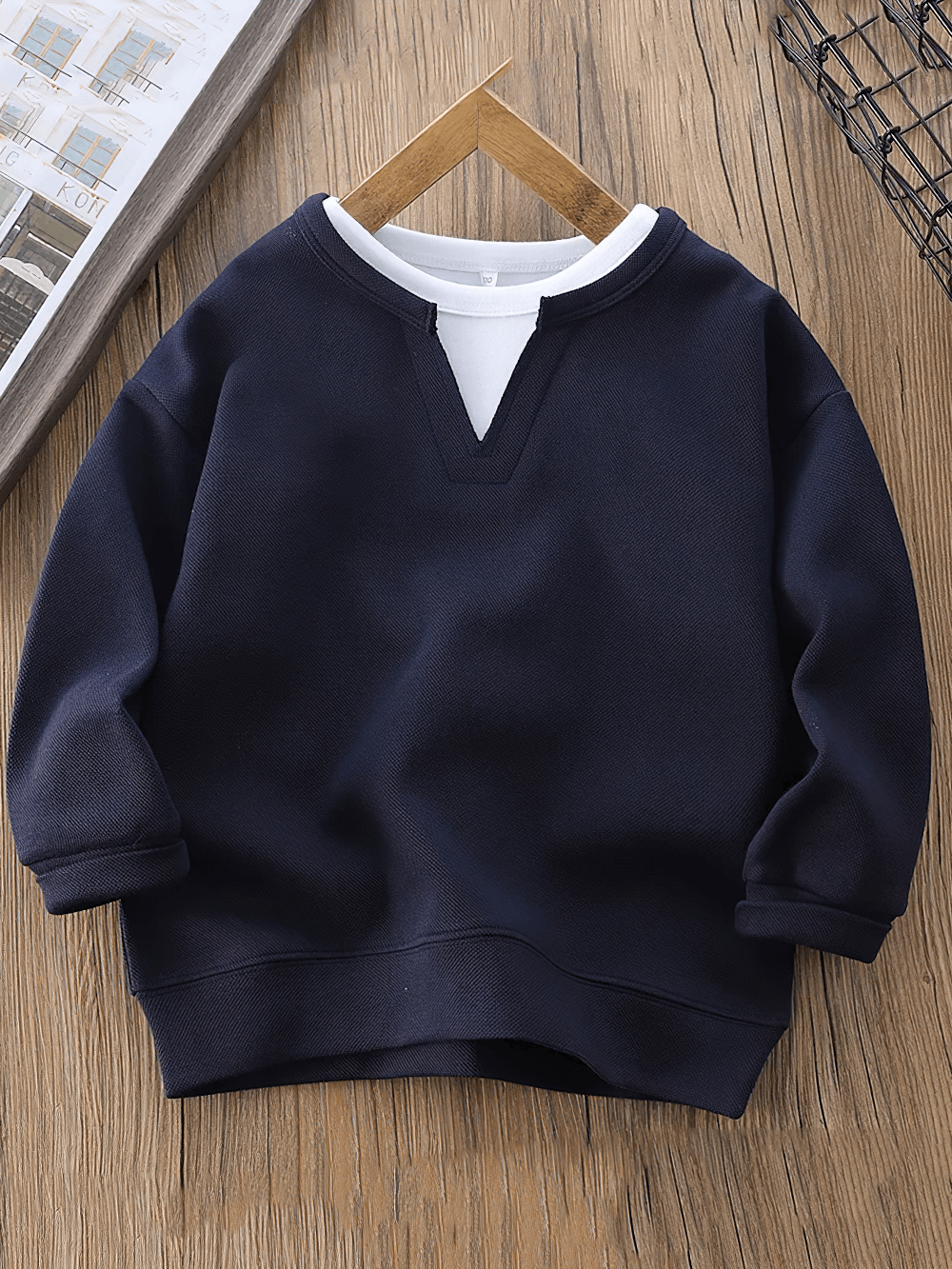 Kids V-Neck Layered Look Pullover Sweatshirt - SF3649, navy blue, hanging on hanger, showcasing long sleeves and mock inner layer