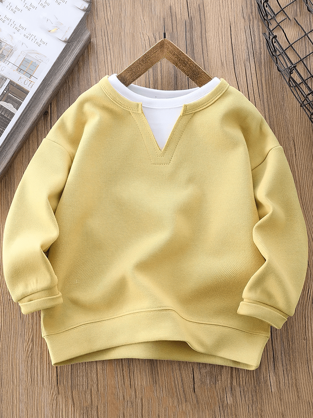 Kids V-Neck Layered Look Pullover Sweatshirt - SF3649 in yellow on hanger.