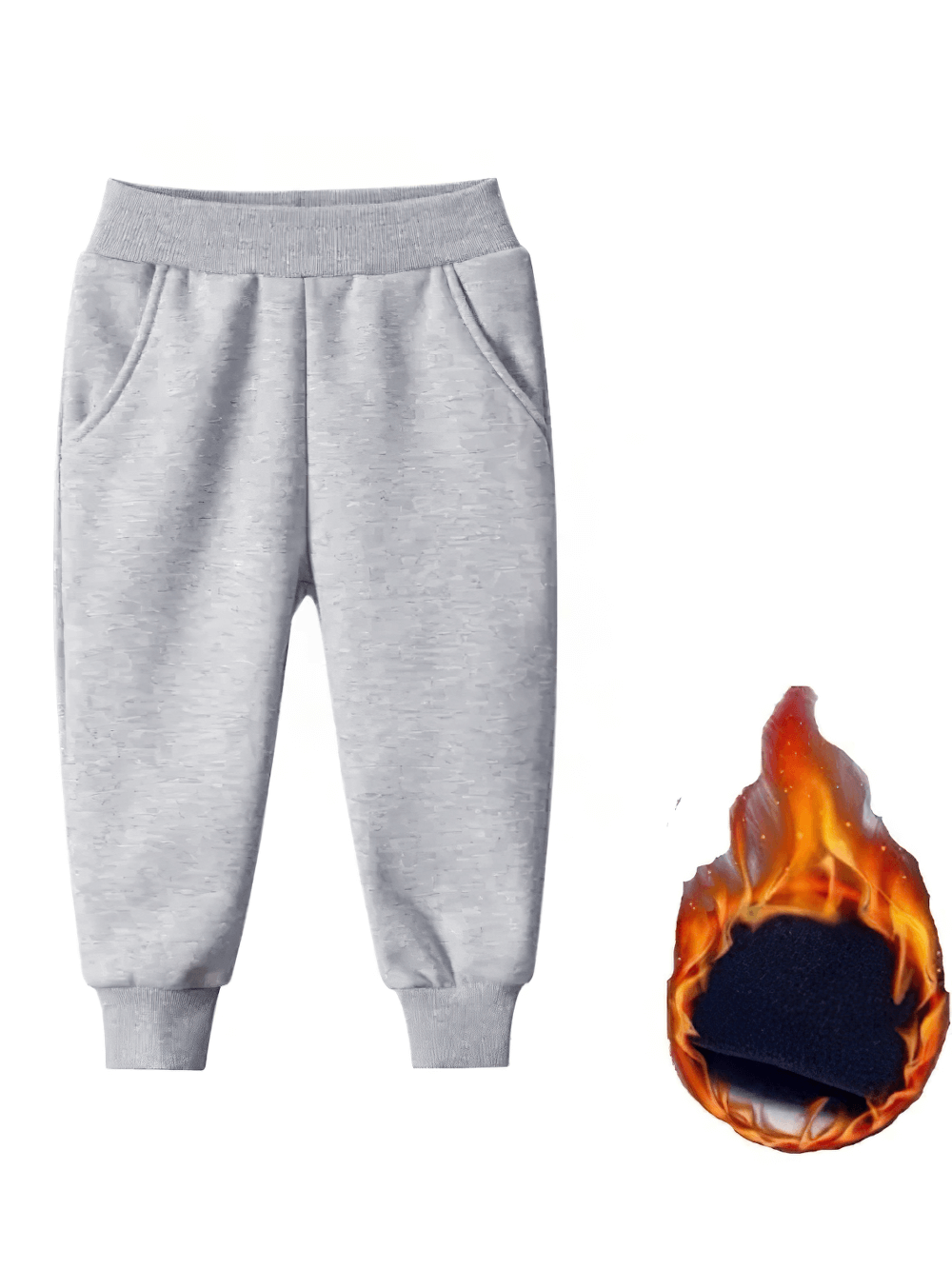 Kids' Warm Fleece Lined Jogger Pants - SF3889 in gray with rib cuffs and flame icon representing warmth.