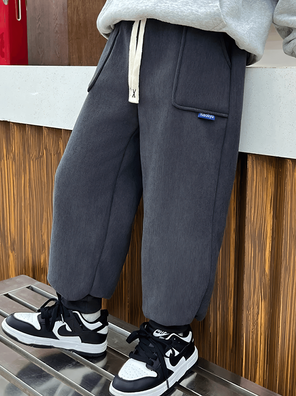 Kids Warm Fleece Pants with Elastic Waist - SF3740 in dark gray, perfect for winter comfort and style, shown worn by a child.